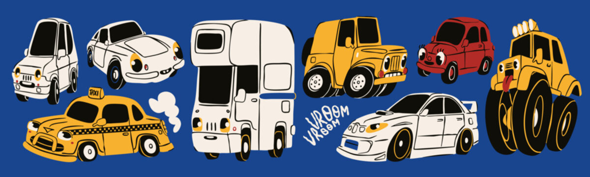 Cartoon Cars with eyes, various emotions. Different vehicles. Cute characters. Retro comic style. Hand drawn trendy Vector illustration. Isolated elements. Kids books, educational project concept