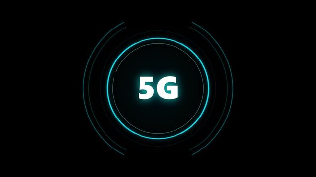 Futuristic 5G technology symbol glows inside a layered circular interface with smooth digital motion and a dark cyber background.