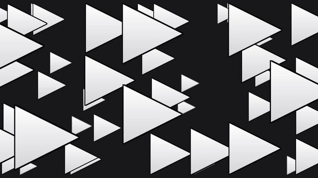 Seamless loop. Play button symbols march diagonally across black screen in horizontal format. Silver media triangles flow in dynamic motion for entertainment, streaming.
