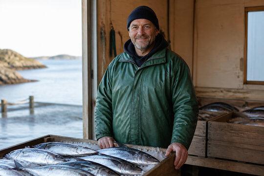 A bearded man in a green jacket stands behind a wooden crate filled with fish near a waterfront setting.