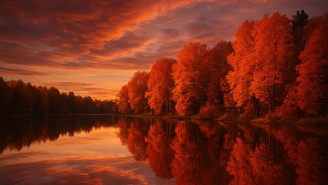 Vibrant autumn trees reflecting water desktop wallpaper