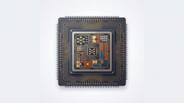 Silicon microchip microprocessor internal architecture diagram showcasing golden circuitry pathways on dark background for advanced hardware computing design concepts.