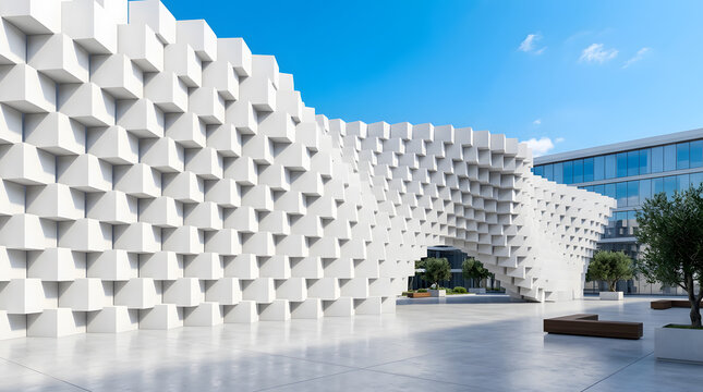 Modern white geometric modular building facade | Futuristic parametric architecture with white cubes | Contemporary urban plaza design with wavy block wall | Minimalist exterior of a modern office bui