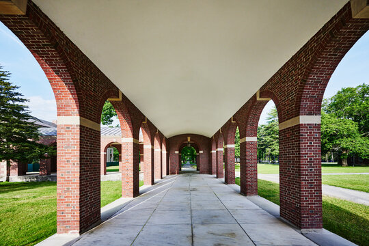 covered walkways of the historic Hall of Springs building (built 1933) within Saratoga Spa State Park, Saratoga Springs, New York