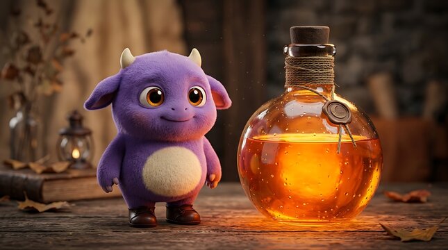 A cute purple baby dragon standing next to a glowing magical potion in a workshop
