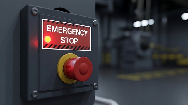 Red emergency stop button on an industrial control panel with illuminated warning sign in a manufacturing plant environment with blurred background