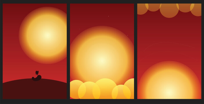 Abstract red sunset landscape triptych with glowing circular light elements