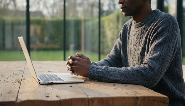 A mature man sits at a heavy oak table in a sunlit conservatory, leaning forward in quiet concentration over a blank journal