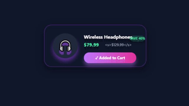 Wireless Headphones product promotion card animation with 40 percent save discount and Added to Cart button against a dark background motion graphic loop