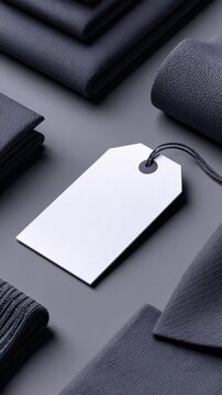 A minimalistic arrangement of neatly folded black clothing with a blank tag in a monochromatic setting