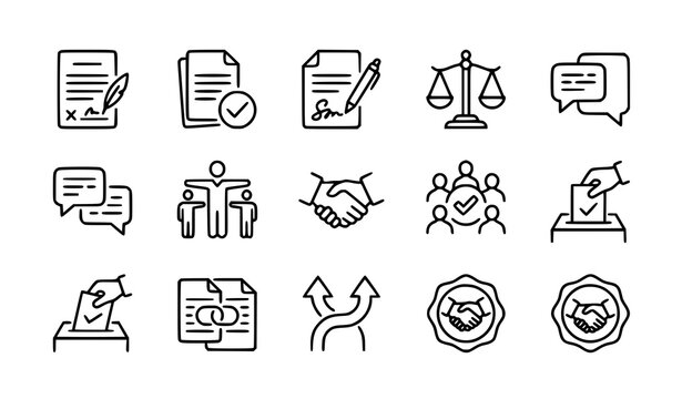 Legal negotiation and agreement outline icons with contract signature mediation consensus and partnership