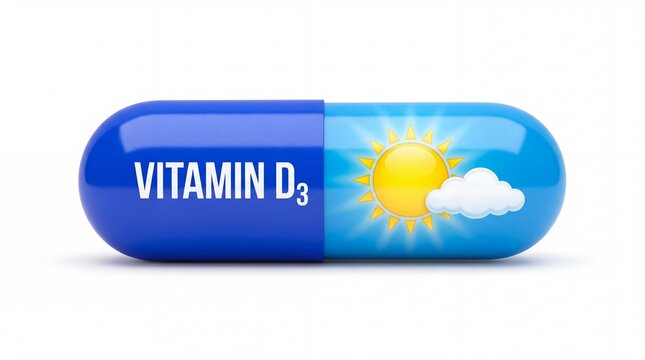 Blue vitamin D3 medical capsule featuring bright sun icon illustration isolated on white background