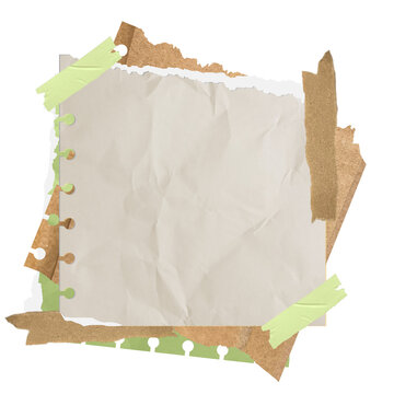 Layered torn paper note memo sheet texture isolated on transparent background. Torn ripped crumpled layered paper note collage with adhesive masking tape