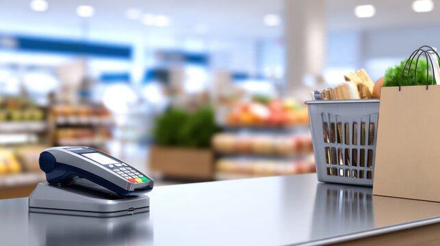 A checkout counter displays a payment terminal beside a basket of groceries in a blurred store backdrop