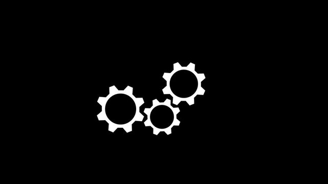 A graphical representaion featuring white gear cogs against a pristine black backdrop.4k video three Inter locking gears on background 4k video