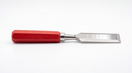 Obraz premium Professional woodworking chisel with red wooden handle and sharp steel blade displayed on white background