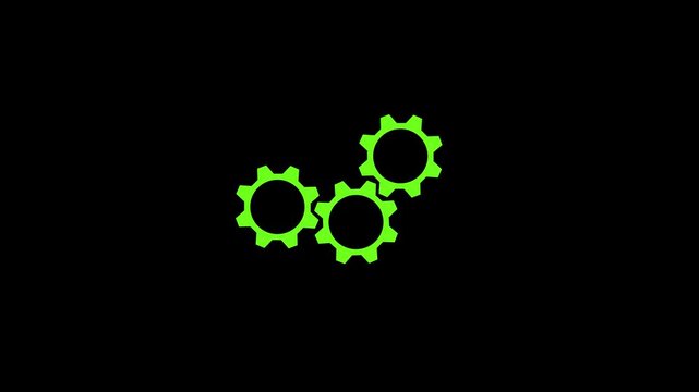 A graphical representaion featuring green gear cogs against a pristine black backdrop.4k video three Inter locking gears on background 4k video