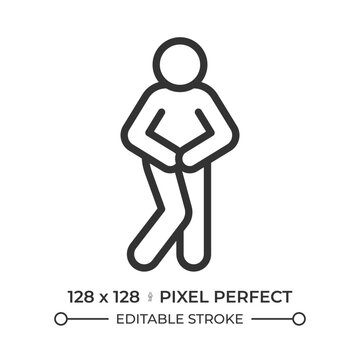 Bladder control issue pixel perfect simple line icon. Signs of urinary incontinence. Acute urinary tract pressure. Bent legs crossing over. Contour outline pictogram. Minimalist linear vector