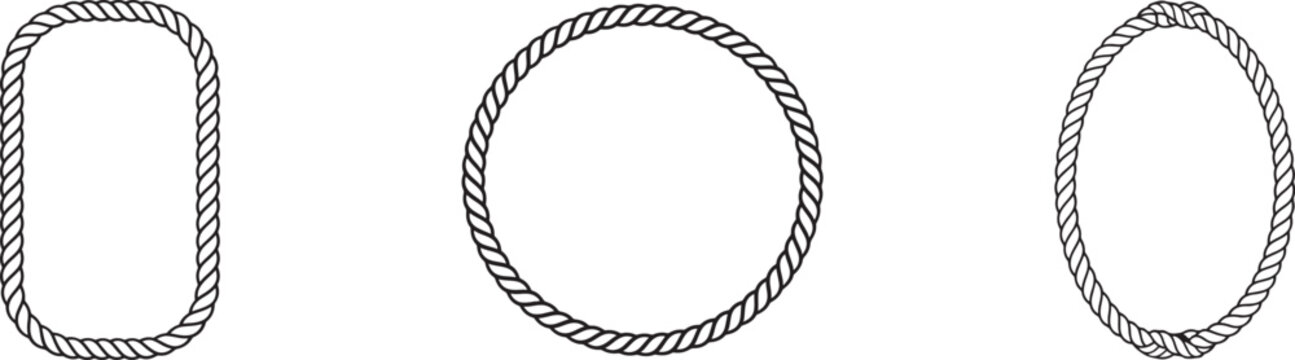 Nautical rope frame set with rectangular and oval twisted cord borders, isolated for maritime designs.
