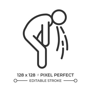 Nausea and vomiting distress pixel perfect simple line icon. Digestive health emergency care. Stomach flu viral illness. Food poisoning symptoms. Contour outline pictogram. Minimalist linear vector