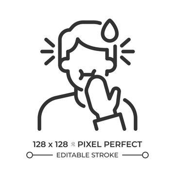 Managing physical body discomfort pixel perfect simple line icon. Nausea and vomiting signs. Acute food poisoning. Signs of morning sickness. Contour outline pictogram. Minimalist linear vector