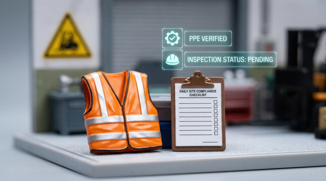Safety vest compliance checklist inspection status industrial workshop orange vest safety equipment
