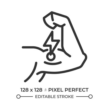 Muscle pain relief pixel perfect simple line icon. Aching bicep strain treatment. Targeted joint recovery. Chronic elbow discomfort. Contour outline pictogram. Minimalist linear vector
