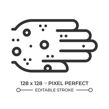 Contagious skin rash outbreak pixel perfect simple line icon. Infectious disease hand symptoms. Chronic hand eczema flare. Allergic dermatitis. Contour outline pictogram. Minimalist linear vector