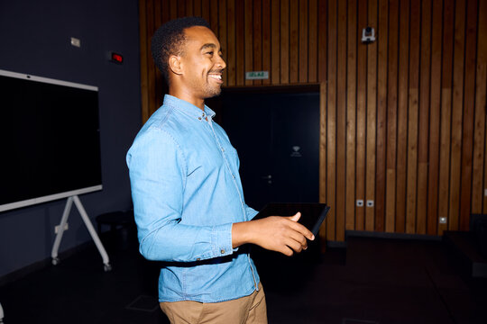 Young man is speaking to the audience