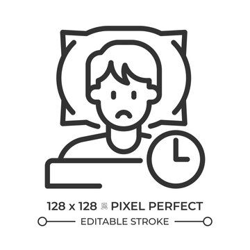 Chronic sleep deficiency pixel perfect simple line icon. Nighttime anxiety spikes. Persistent nocturnal restlessness. Disrupted circadian rhythm. Contour outline pictogram. Minimalist linear vector