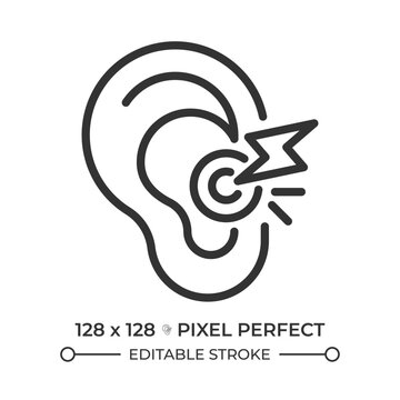 Ear pain relief pixel perfect simple line icon. Hearing protection awareness. Auditory health wellness routine. Loud noise safety protocols. Contour outline pictogram. Minimalist linear vector
