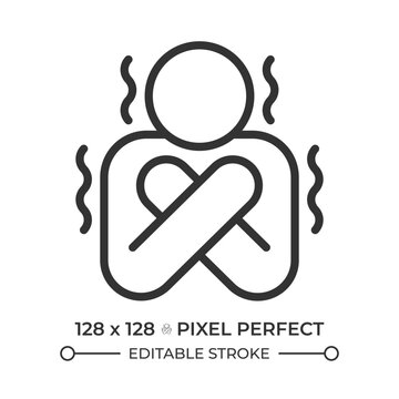 Severe body chills pixel perfect simple line icon. Feeling cold and shivering. Freezing weather physical discomfort. Low temperature body response. Contour outline pictogram. Minimalist linear vector