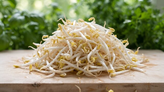 A large fresh heap of organic bean sprouts sitting on a wooden cutting board with blurred green herbs in the background.