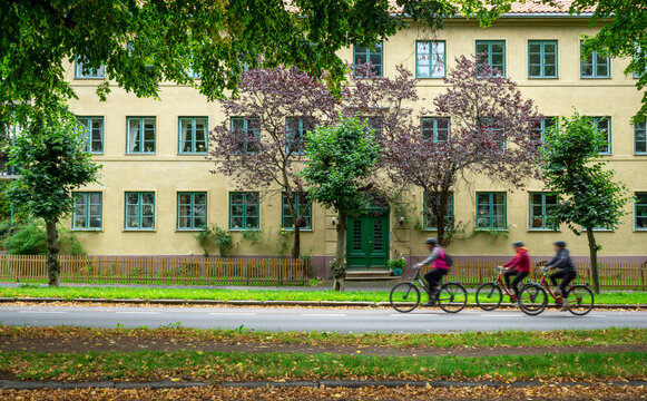 Cyclists riding bikes in Oslo during autumn