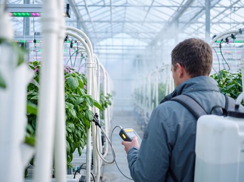 Agricultural technician monitoring crops with digital sensor device in a modern vertical hydroponic greenhouse farm