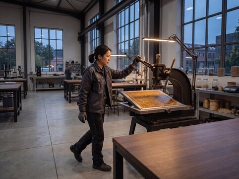 Asian female artisan operating a heavy manual press machine to process raw material in a modern industrial workshop studio