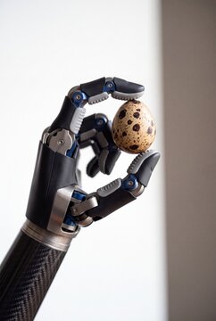 Advanced Robotic Hand Holding a Fragile Quail Egg Demonstrating Precision and Tactile Control