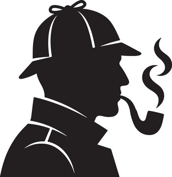 Black silhouette icon of a detective character wearing a deerstalker hat and smoking a pipe with swirling smoke, isolated on a white background, for mystery, investigation, also transparent background