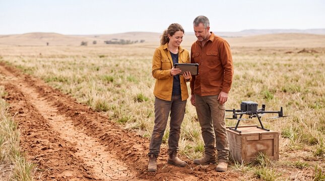 Two modern farmers use a digital tablet and an industrial drone for precision agriculture in an arid field