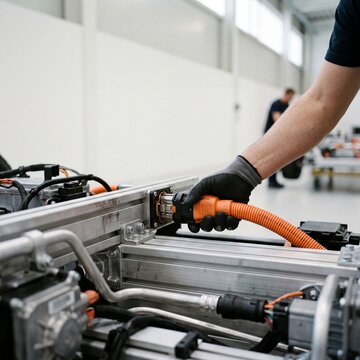 Automotive Technician Connecting High Voltage Orange Cable to Electric Vehicle Battery System on Assembly Line