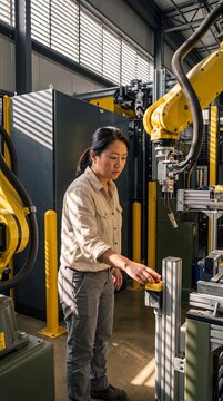 Female Asian Engineer Operating Automated Robotic Arm Machine in Industrial Factory Workshop
