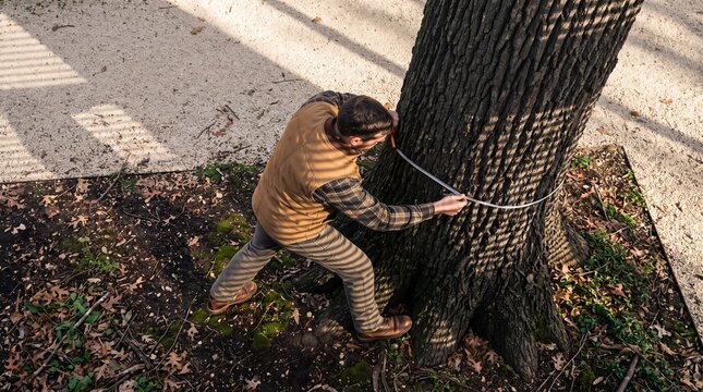 Arborist or forester measuring the circumference of a large mature tree trunk with a measuring tape outdoors