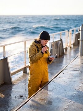 Female marine biologist in yellow waterproof overalls using a refractometer on a research vessel deck at sea