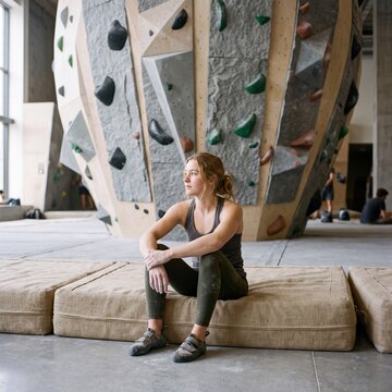 Young athletic woman resting on a crash pad in front of a modern indoor bouldering wall