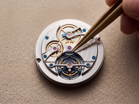 Watchmaker using precision tweezers to assemble a delicate balance wheel and movement in a luxury mechanical watch