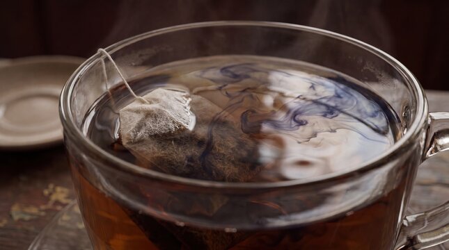 tea bag steeping in hot water in clear glass cup with steam