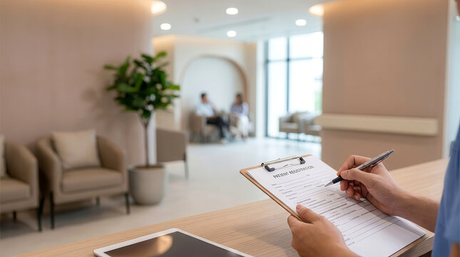 Receptionist filling out a patient registration form at a modern medical clinic front desk