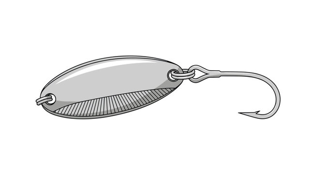 Metallic silver spoon fishing lure with a sharp single hook and a swivel isolated on a clean white background.