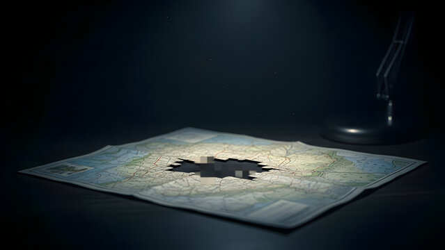 A mysterious map with a missing central piece, spotlighted by a lamp on a dark desk, evoking a sense of loss or an unsolved mystery.