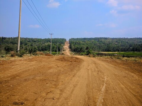Unpaved dirt road winding through rural countryside under clear blue sky with utility poles and dense green forest